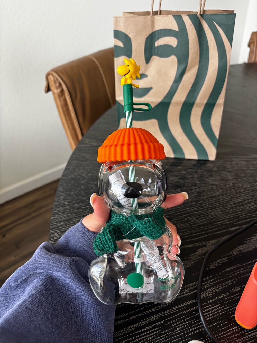 Starbucks Kids Clear Snowman Cup with Orange Hat and Green Scarf